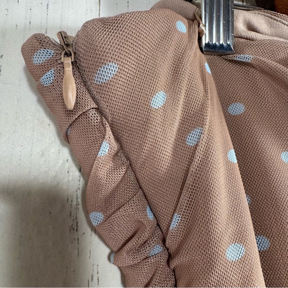 Zara Strapless Polka Dot Midi Dress Nude Beige Ruched Bodycon XL Neutral Classy - Picture 12 of 15